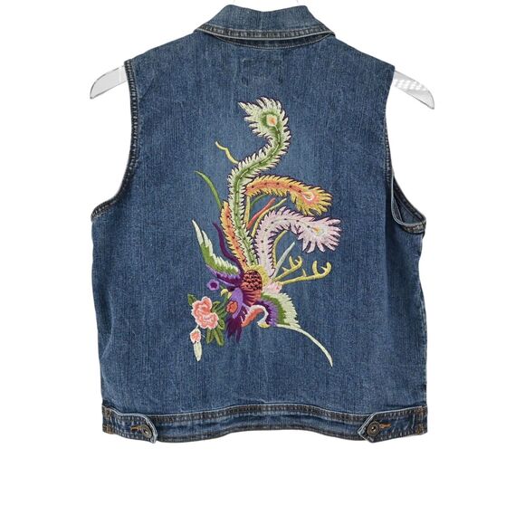 Vtg EAST of LA Vest Womens Size L Denim Button Up Embroidered Bird Floral‎ Y2k - Picture 1 of 11